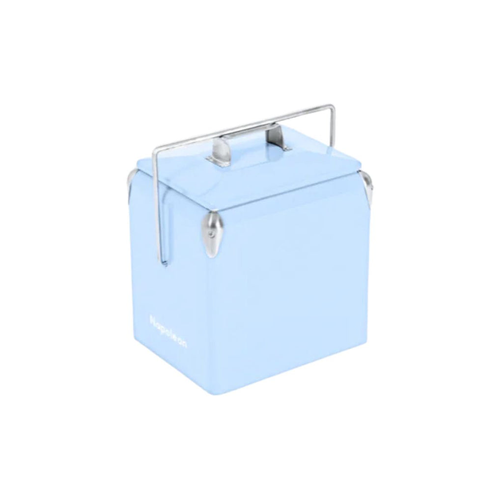 Light blue vintage-style cooler with a metal handle on a white background