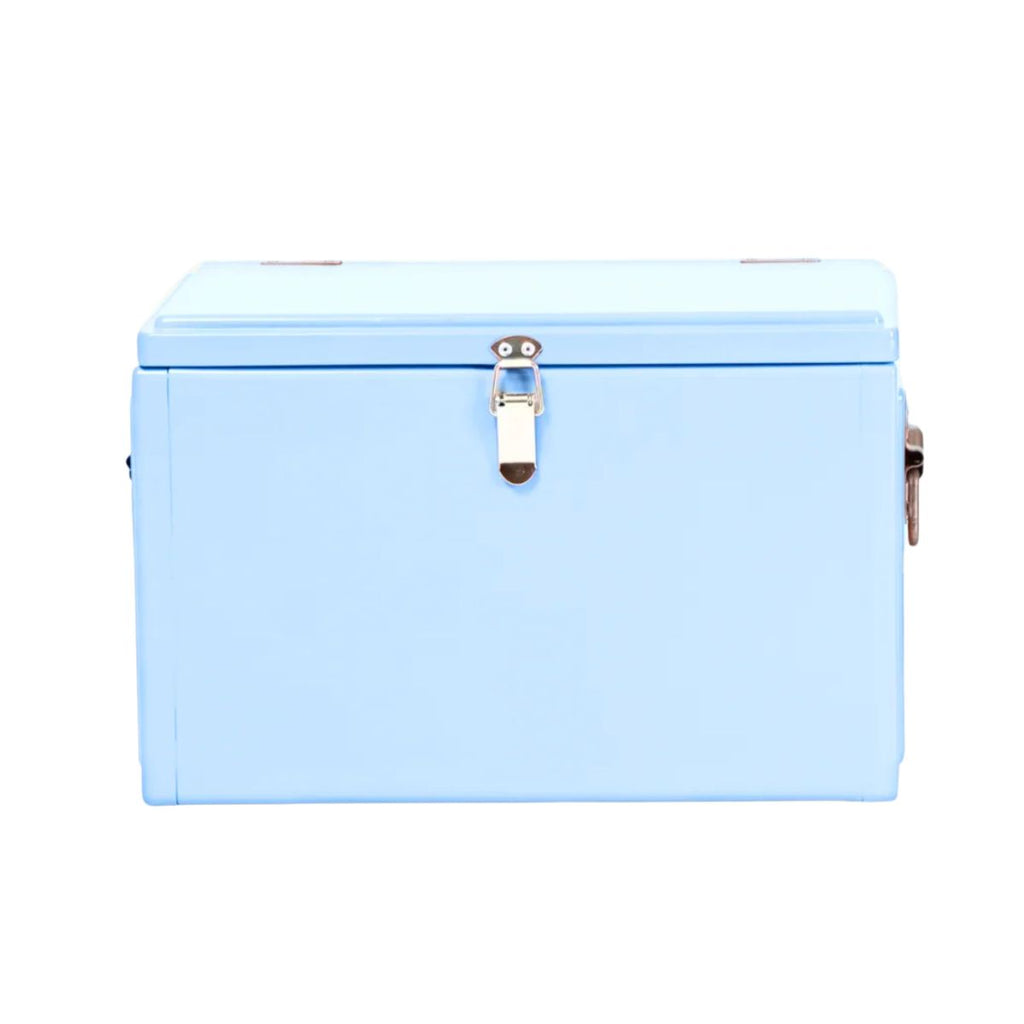 Light blue suitcase with a silver handle on a white background