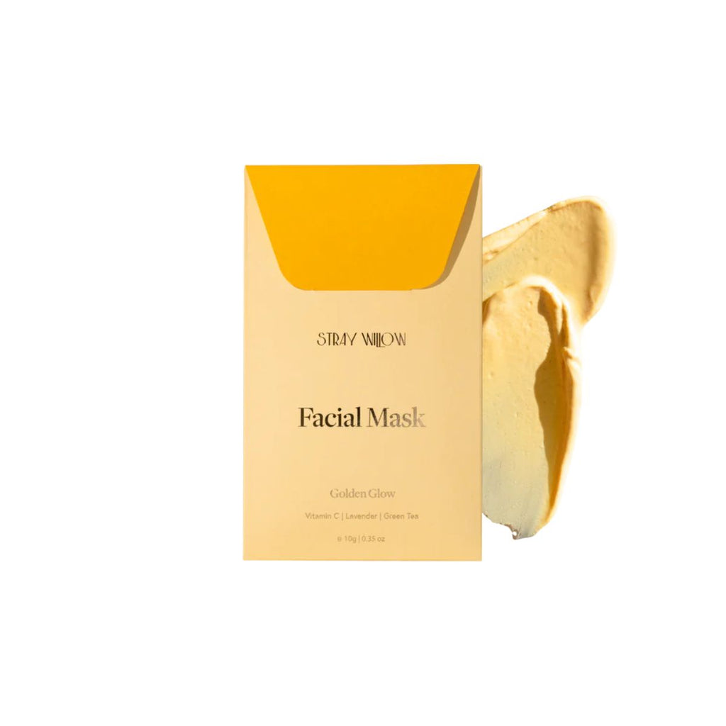 Stray Willow facial mask packaging with a yellow top and beige body on a white background