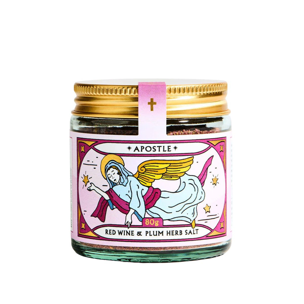 Jar of 'Apostle' red wine & plum herb salt with angel illustration on label