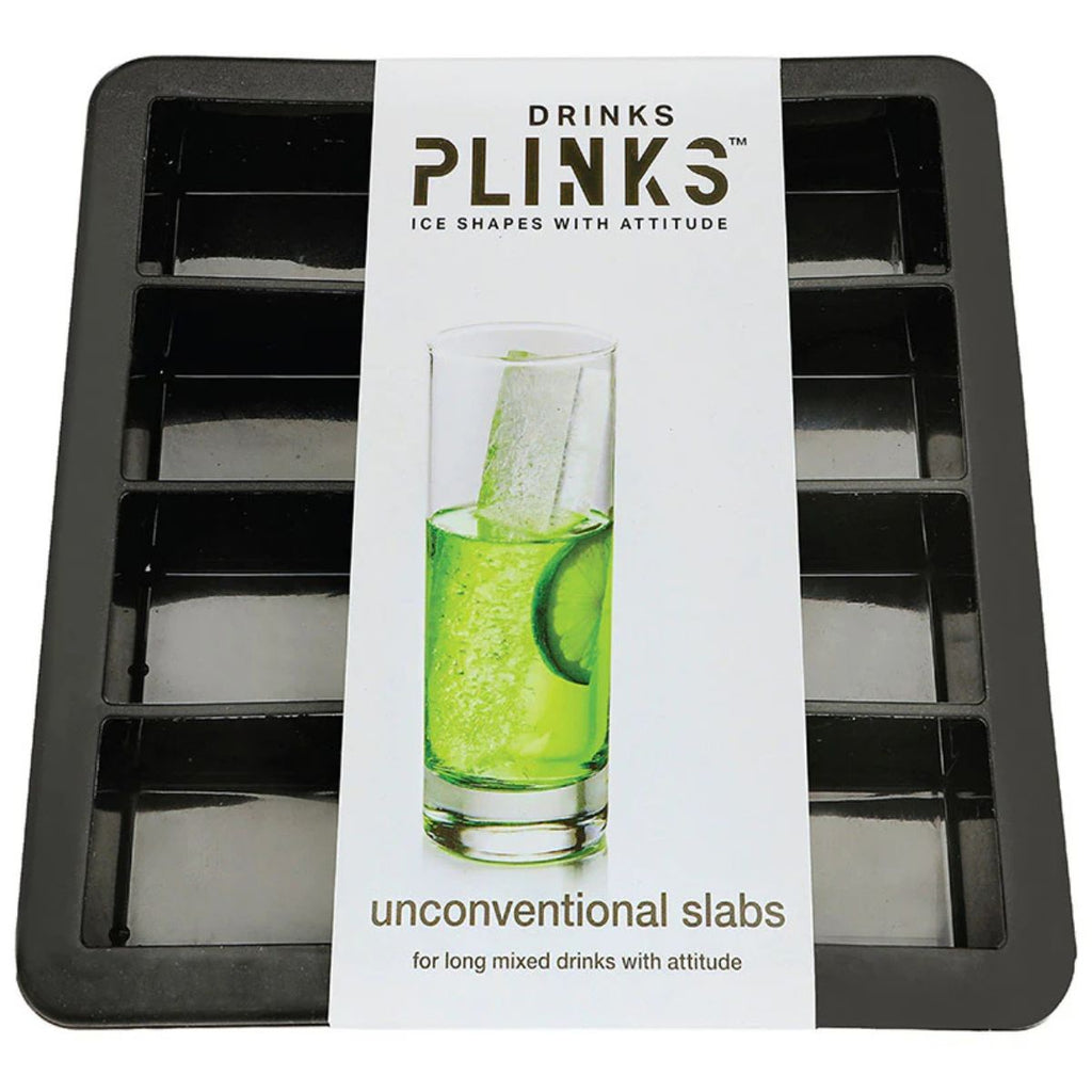 Black ice cube tray with 'Drinks Plinks' packaging featuring a glass of green drink.