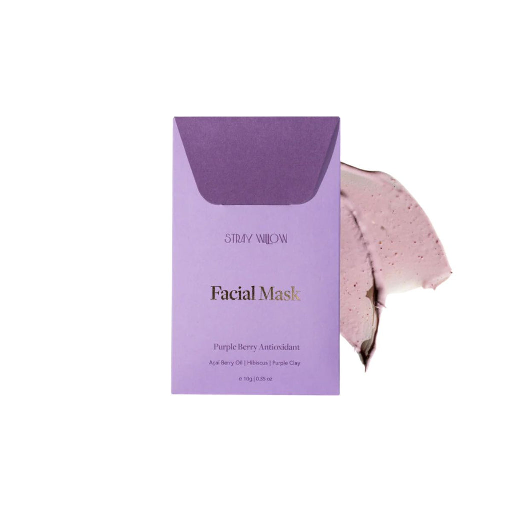 Stray Willow facial mask packaging with a purple berry mask on a white background