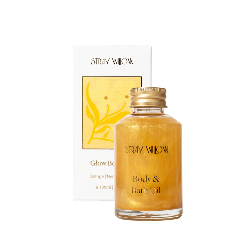 Stray Willow body and bath oil bottle with packaging on a white background