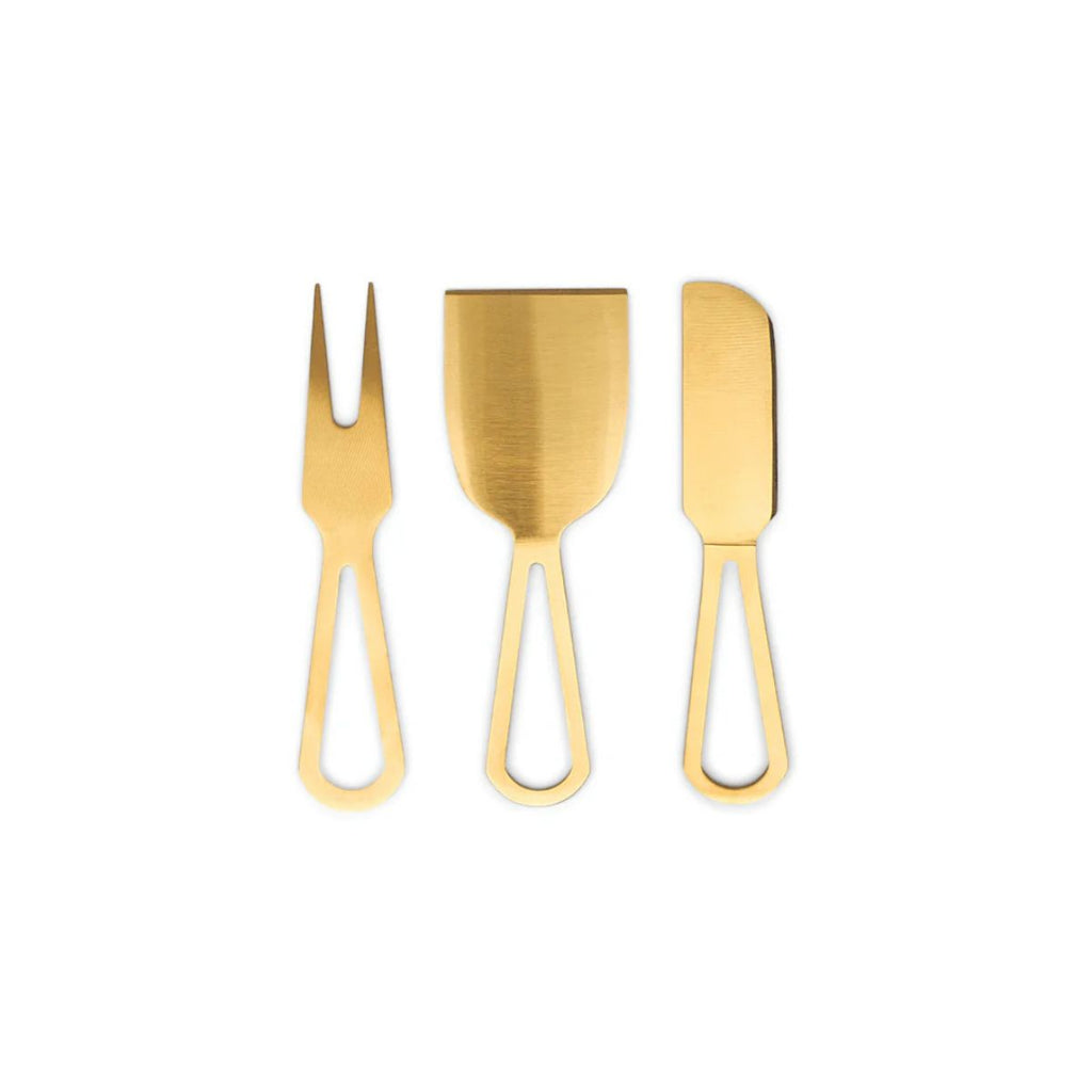 Set of three gold cheese tools on a white background