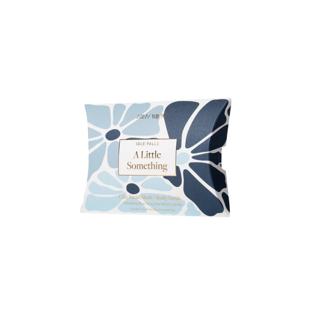 Packaged product with blue floral design on a white background