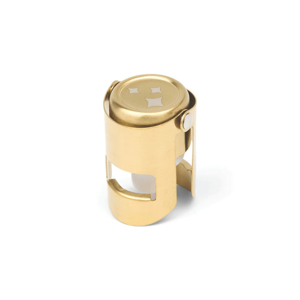 Gold bottle stopper with a logo on a white background