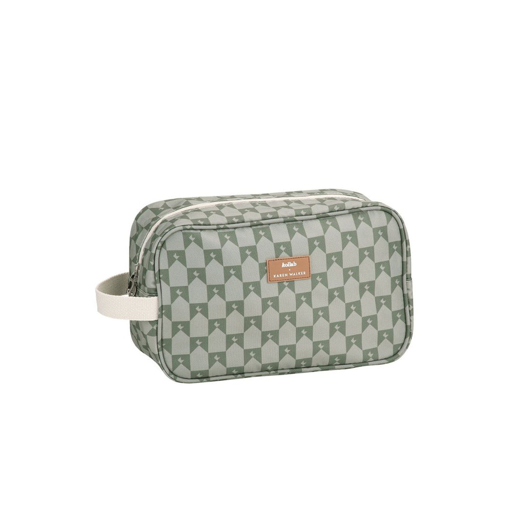 Green toiletry bag with house pattern on a white background