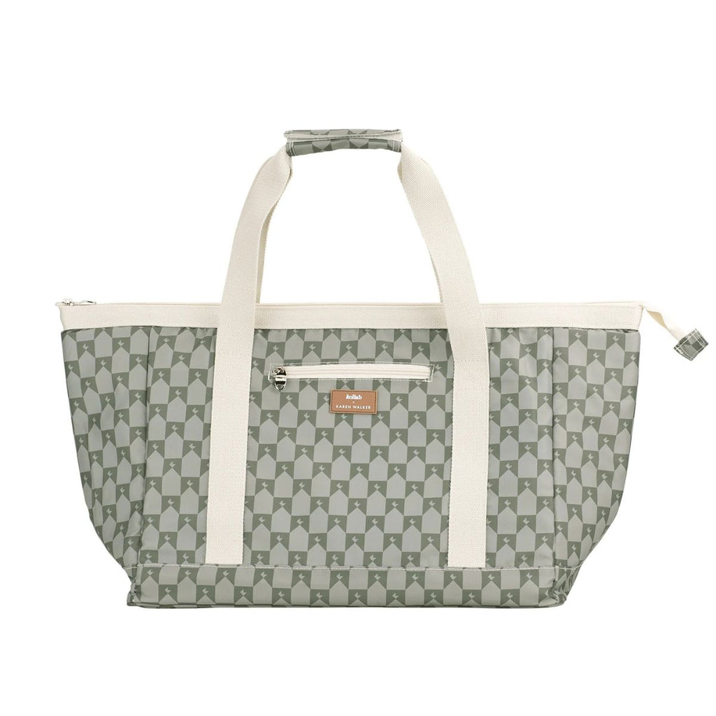 Gray patterned tote bag with white handles on a white background