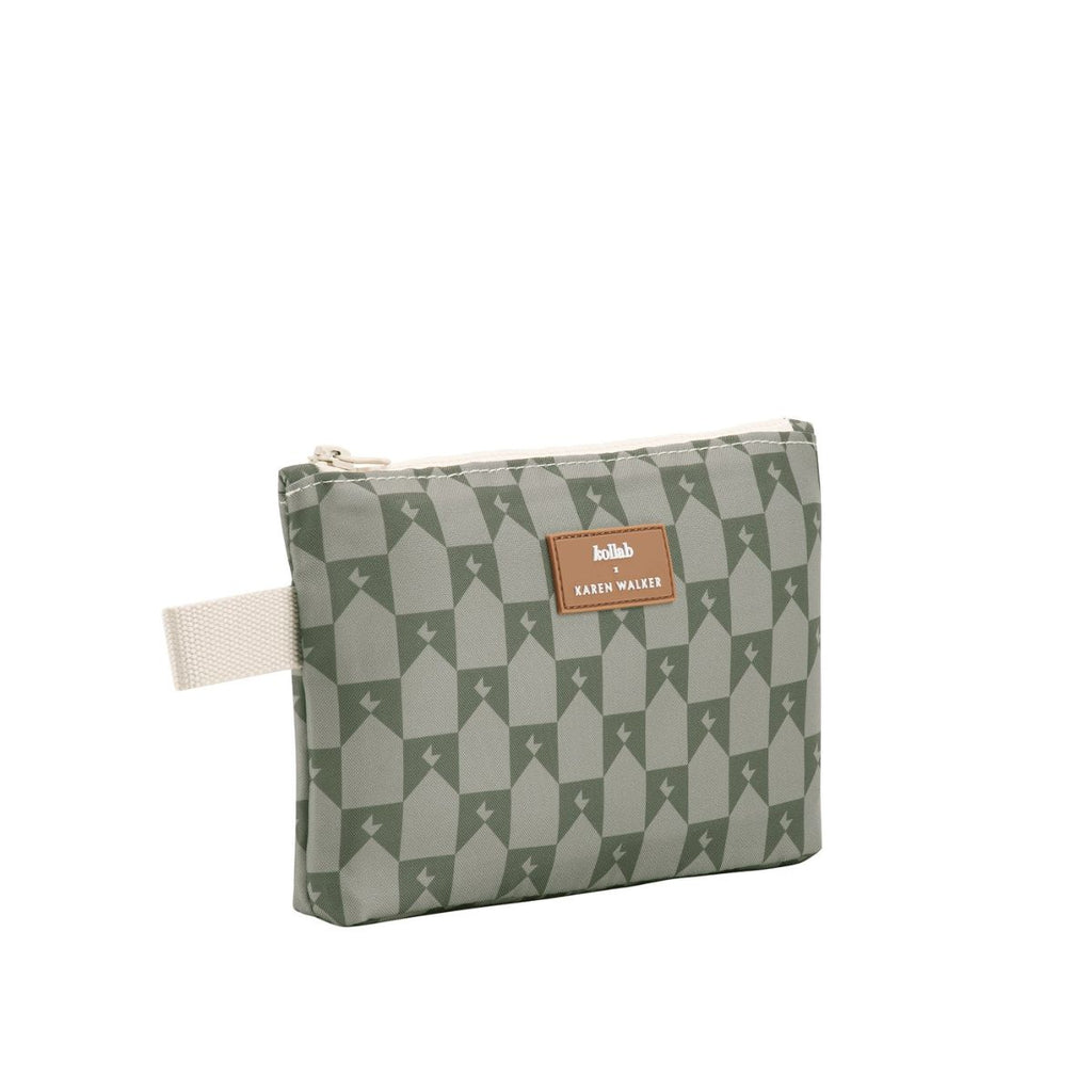 Green patterned pouch with a brand label on a white background