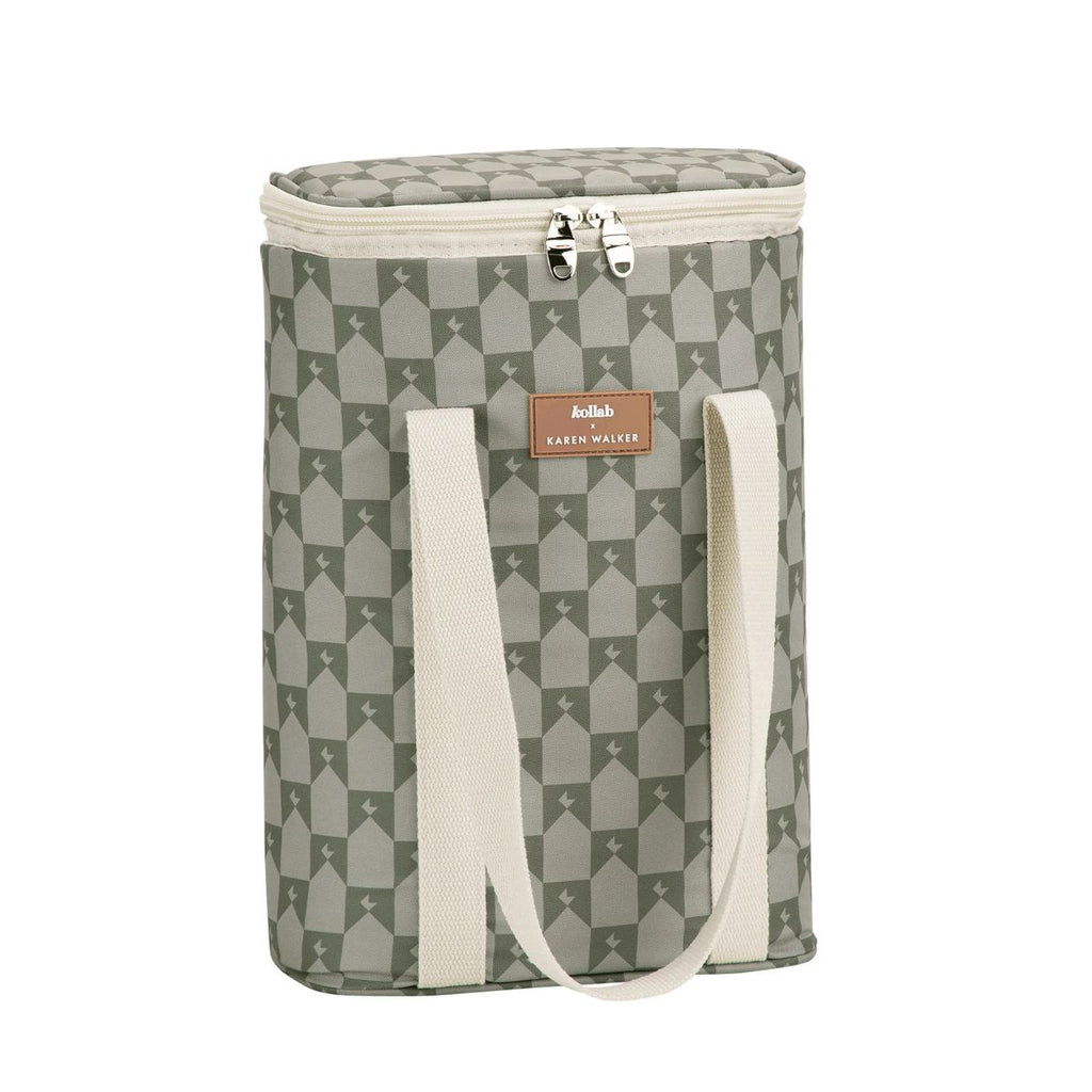 Patterned bag with a visible brand label on a white background