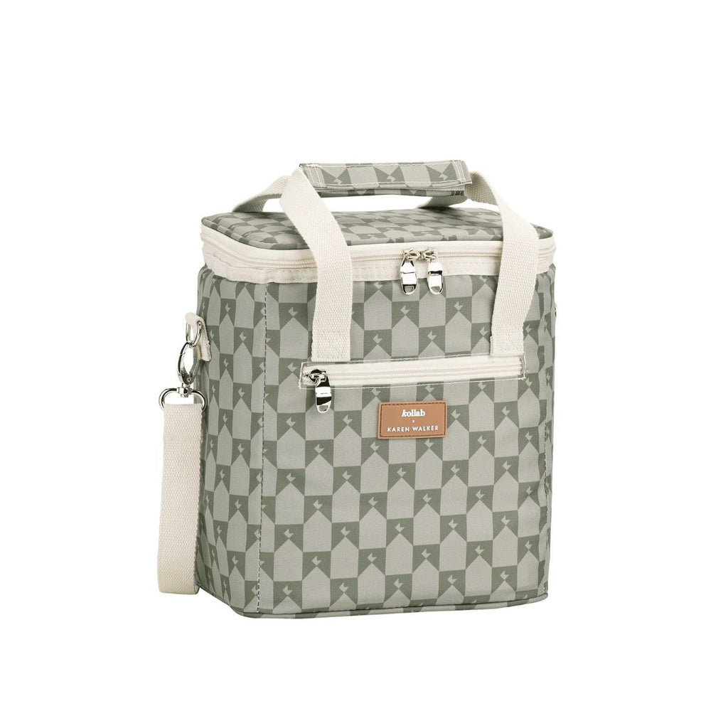 Patterned cooler bag with white handles on a white background