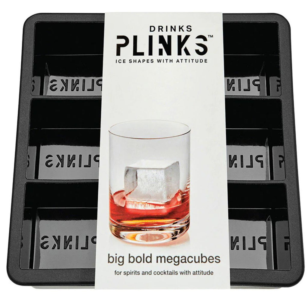 Plinks ice cube tray with packaging featuring a glass of whiskey and ice cubes.
