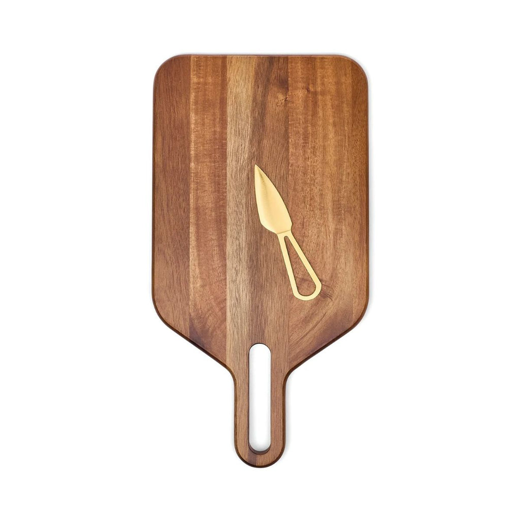 Wooden cutting board with a handle and gold knife icon on a white background