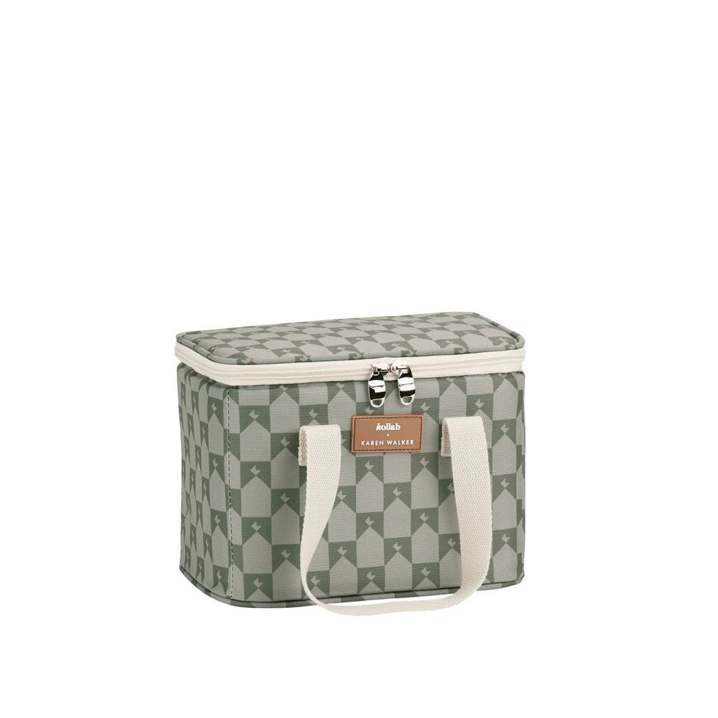 Insulated lunch bag with geometric pattern on a white background