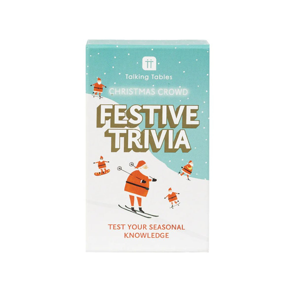 Festive trivia game with cartoon characters on a snowy background, published by Talking Tables.