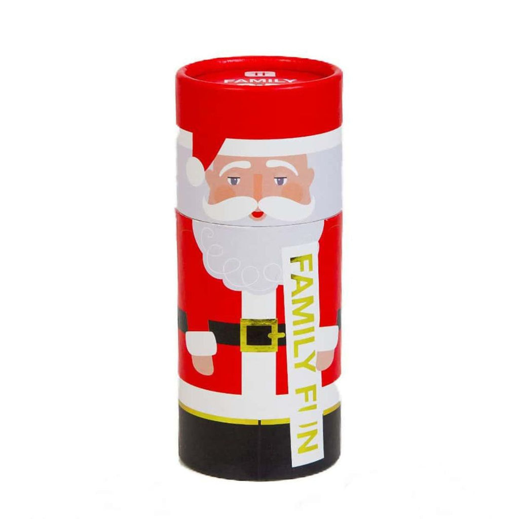 Red cylindrical tube with Santa Claus design and 'Family Fun' text on a white background