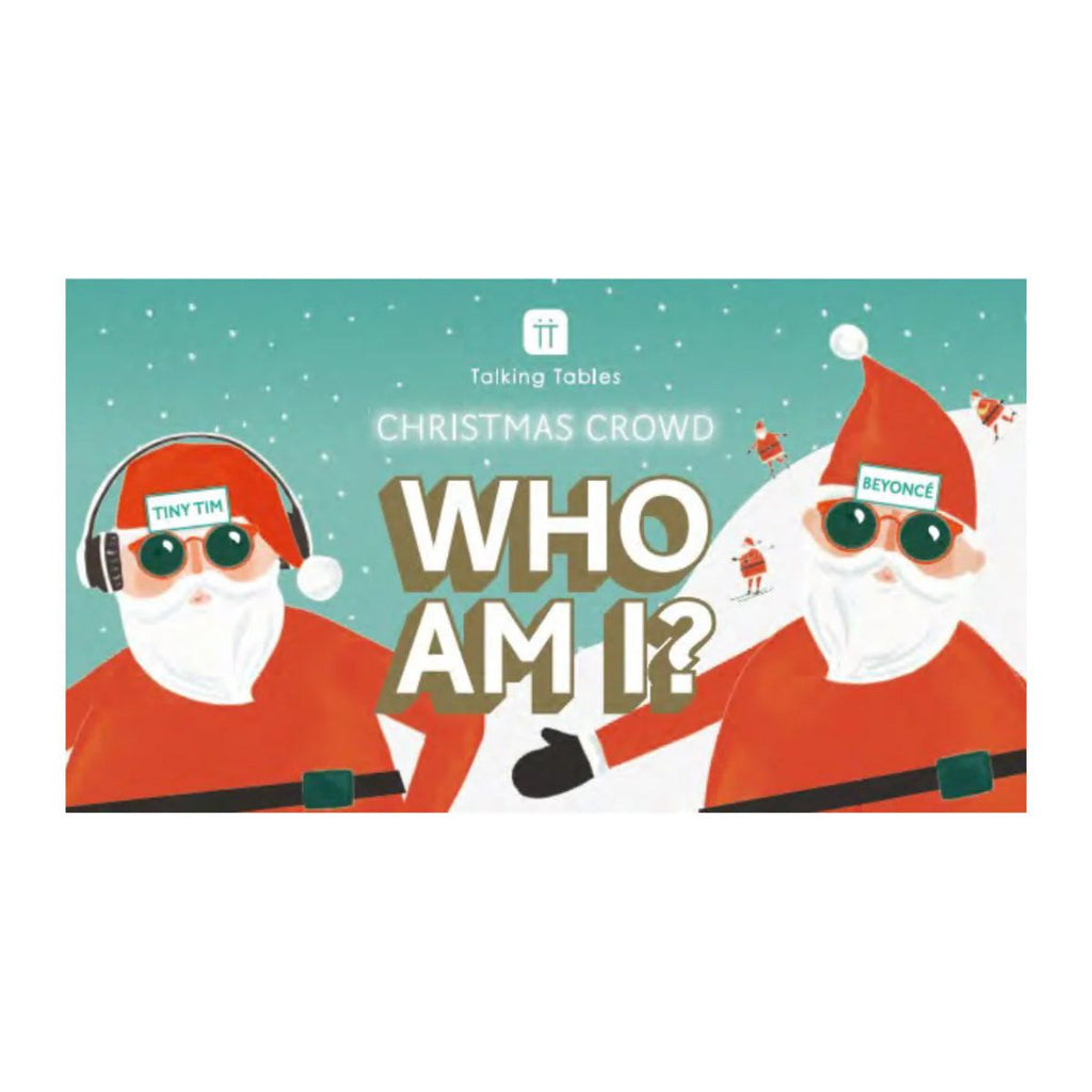  'Who Am I?' game featuring two Santas with headphones and sunglasses on a teal background.