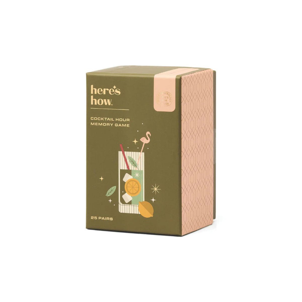 Green box of memory game with 'here's how' branding and cocktail-themed design on a white background