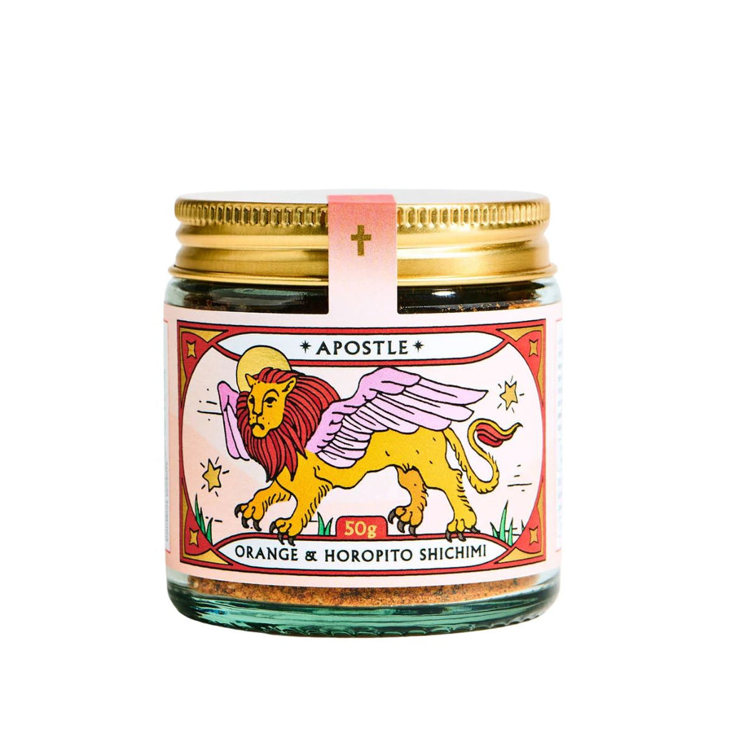 Jar of orange and horopito shichimi with a colorful label featuring a lion design on a white background.
