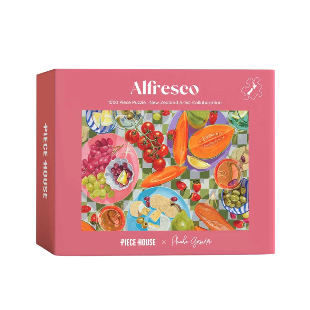 Jigsaw puzzle box with colorful fruit design and 'Alfresco' branding on a white background