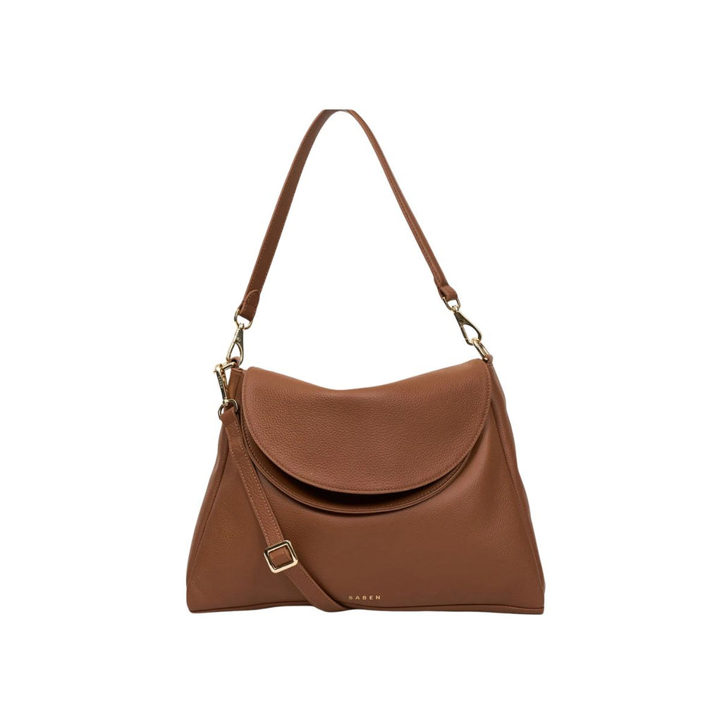 Brown handbag with a strap on a white background