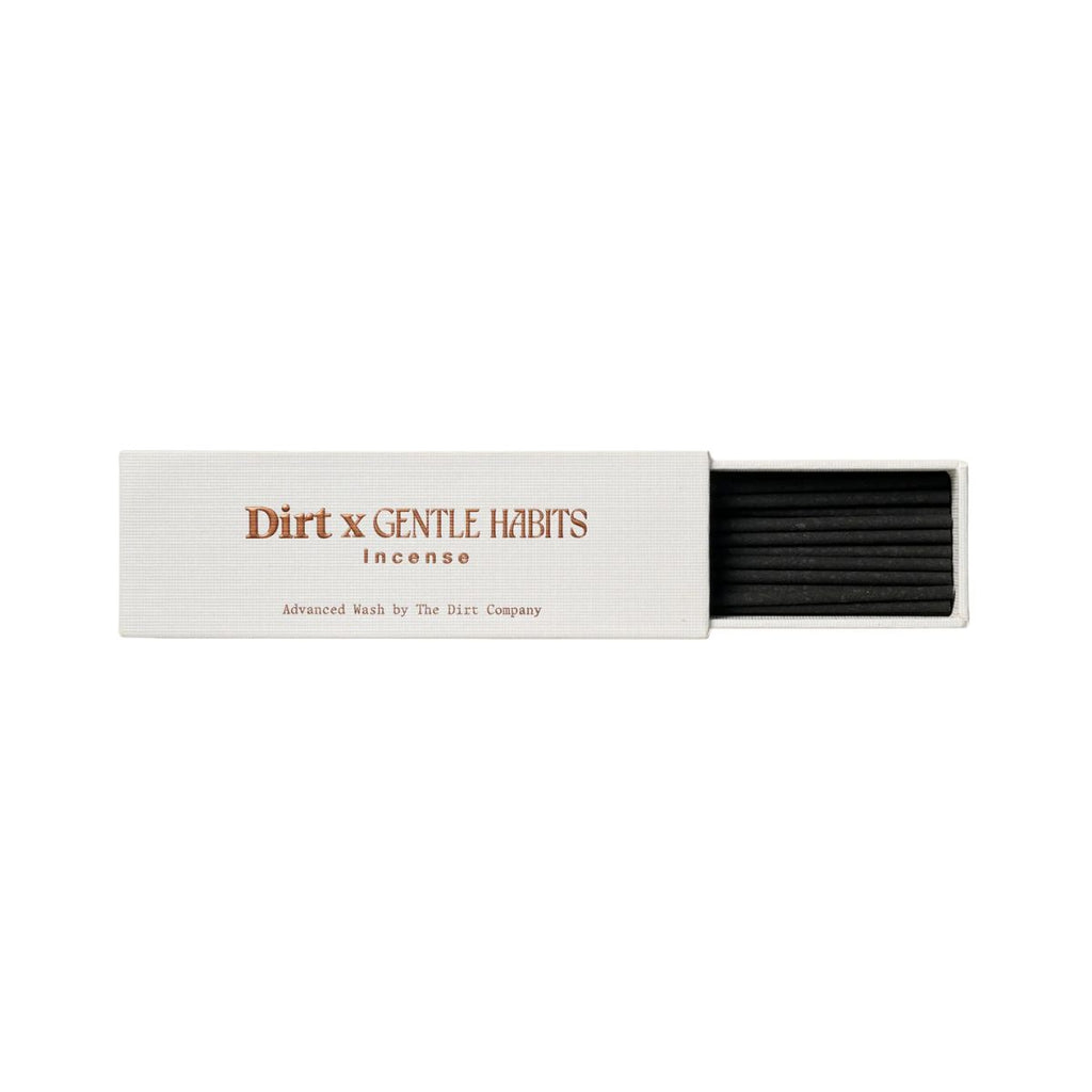 Incense stick box with 'Dirt x Gentle Habits' branding on a white background