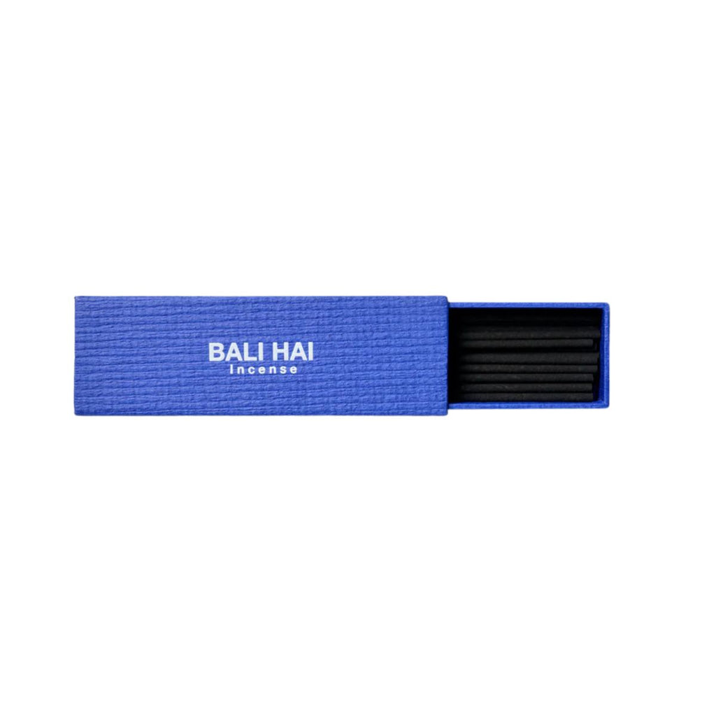 Blue incense box with 'Bali Hai' branding on a white background