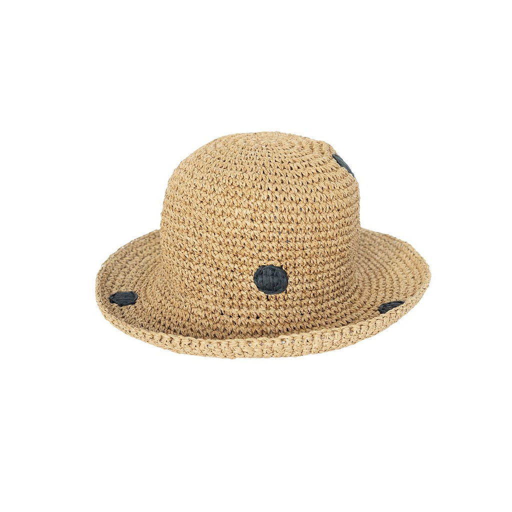 Beige straw hat with black accents on a white background