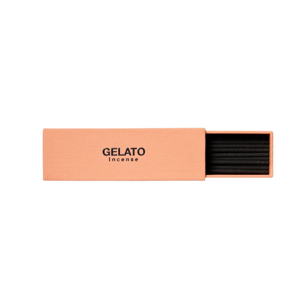 Gelato Incense packaging with black incense sticks inside on a white background