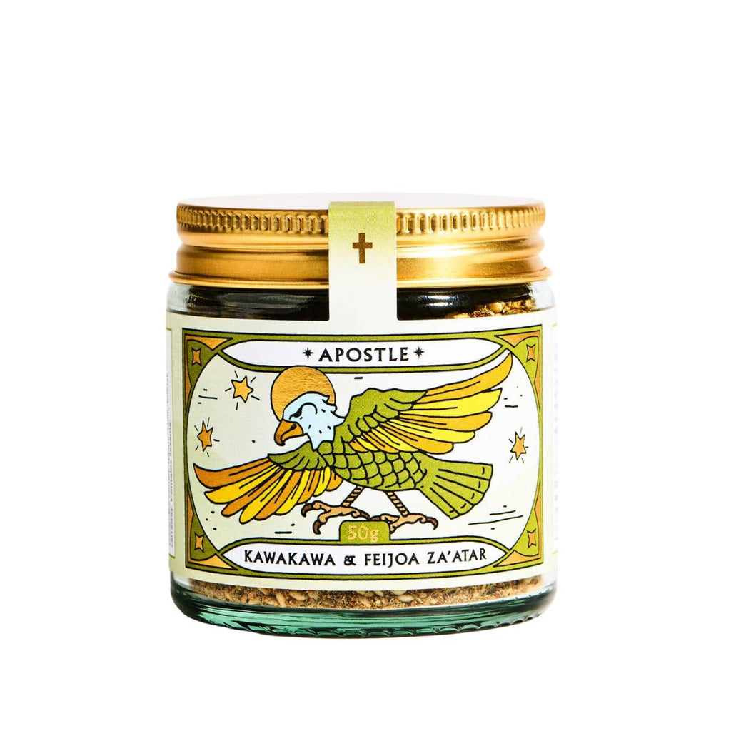 Jar of Apostle Kawakawa & Feijoa Za'atar with gold lid on a white background