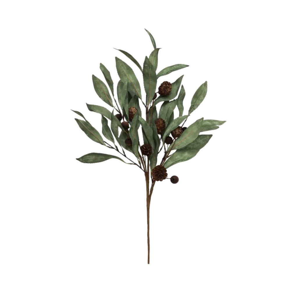 Artificial eucalyptus branch with green leaves and brown cones on a white background