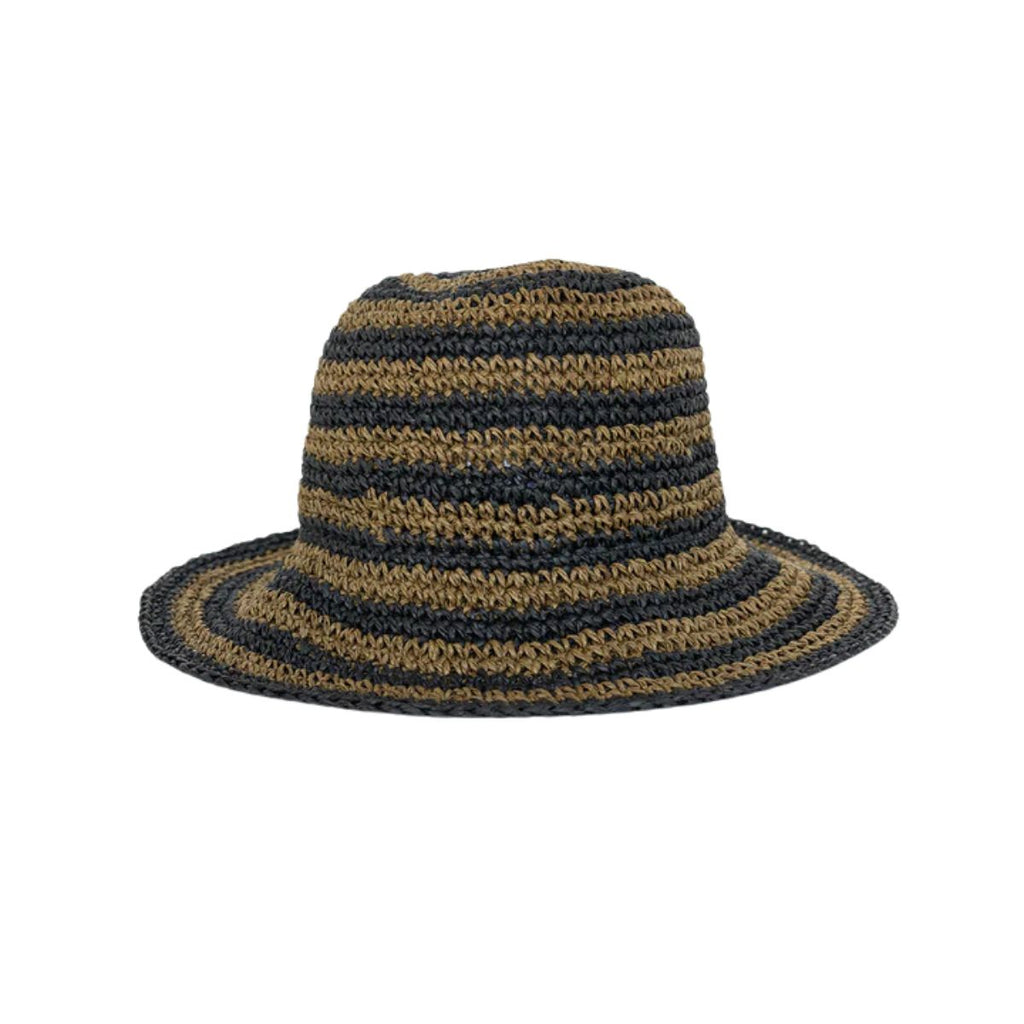 Striped straw hat with black and brown pattern on a white background