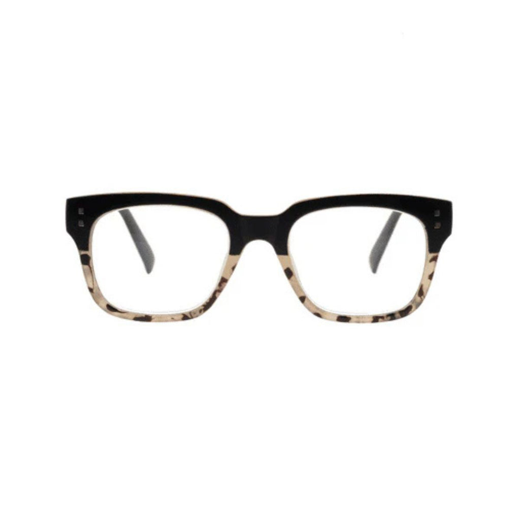 Black and tortoiseshell cat-eye glasses on a white background