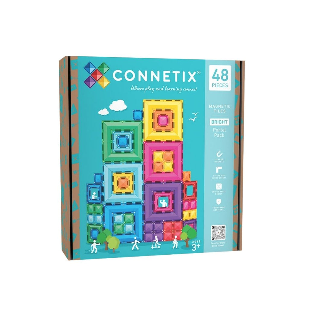 Connetix magnetic tiles packaging with colorful blocks on a blue background