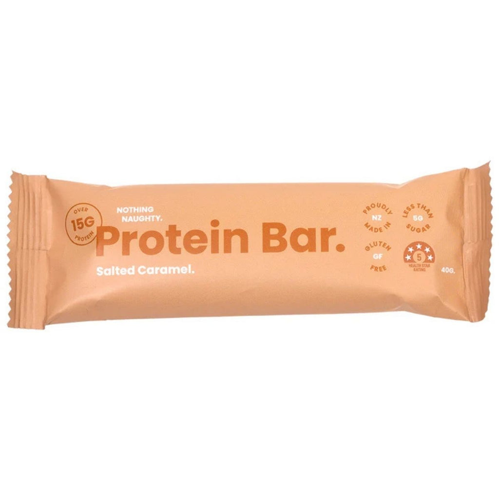 Protein bar packaging with 'Salted Caramel' flavor on a white background