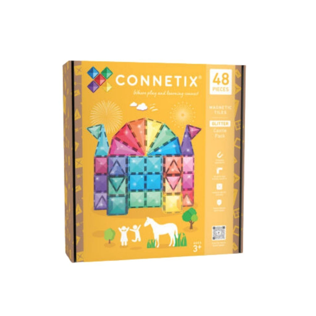 Connetix toy set packaging with colorful geometric shapes on a yellow background