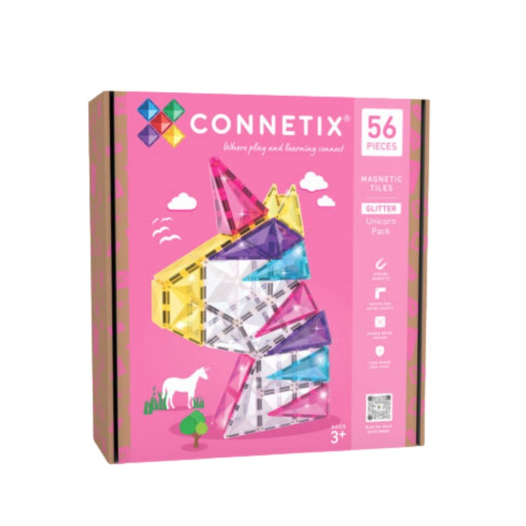 Connetix magnetic tile set packaging with colorful tiles on a pink background
