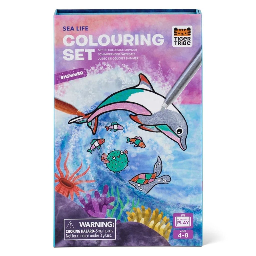 Sea life colouring set packaging with a dolphin illustration on a white background