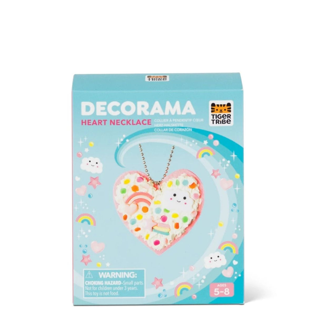 Decorama heart necklace packaging with a blue background