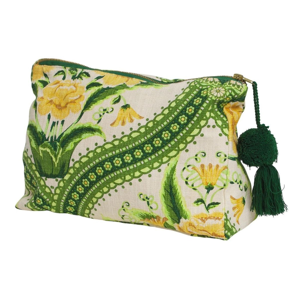 floral print makeup pouch with pompom tasstle on white background