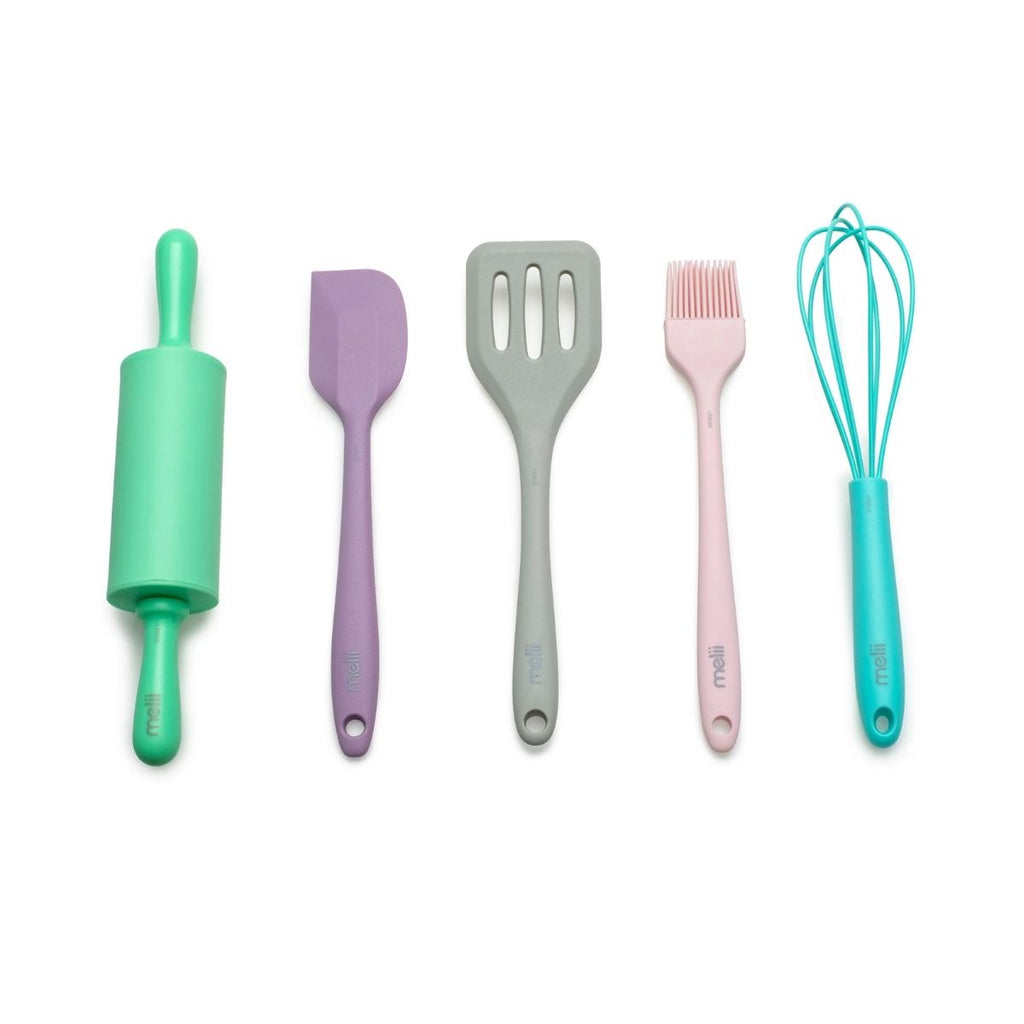 Set of colorful kitchen utensils including a rolling pin, spatula, whisk, and brushes on a white background.