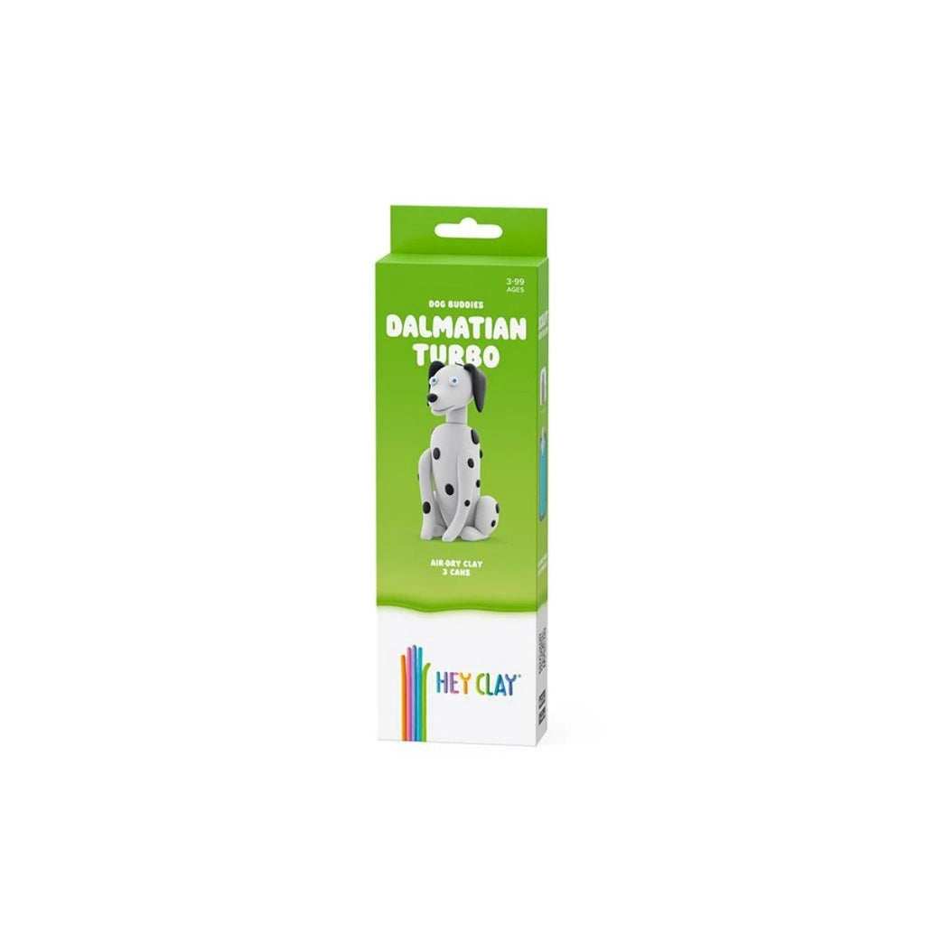 Box of Hey Clay Dalmatian dog sculpture kit on a white background