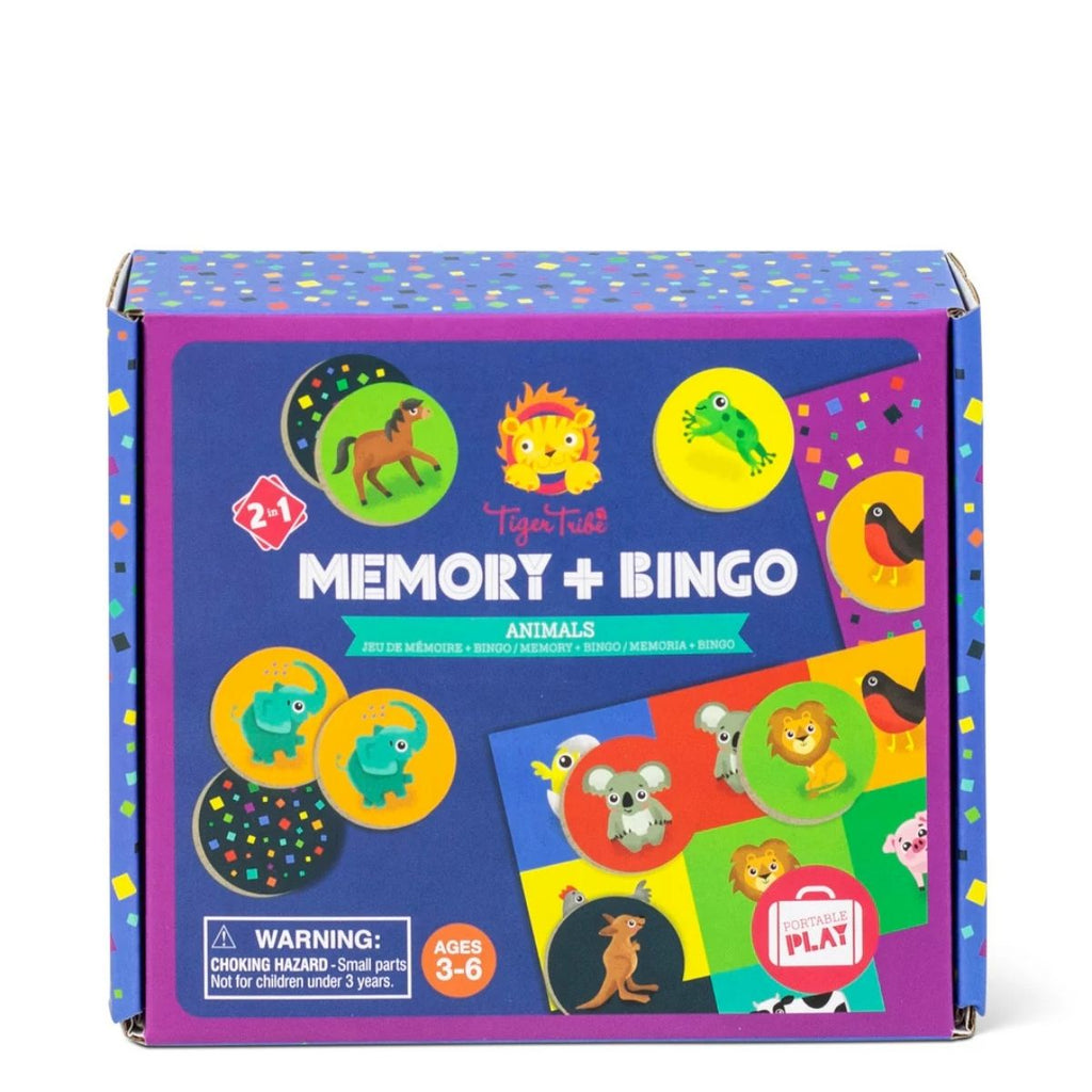 Memory and Bingo game box with animal illustrations on a white background