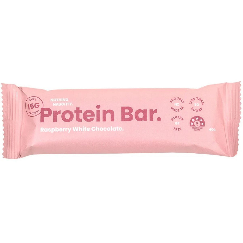 Pink protein bar packaging with text on a white background