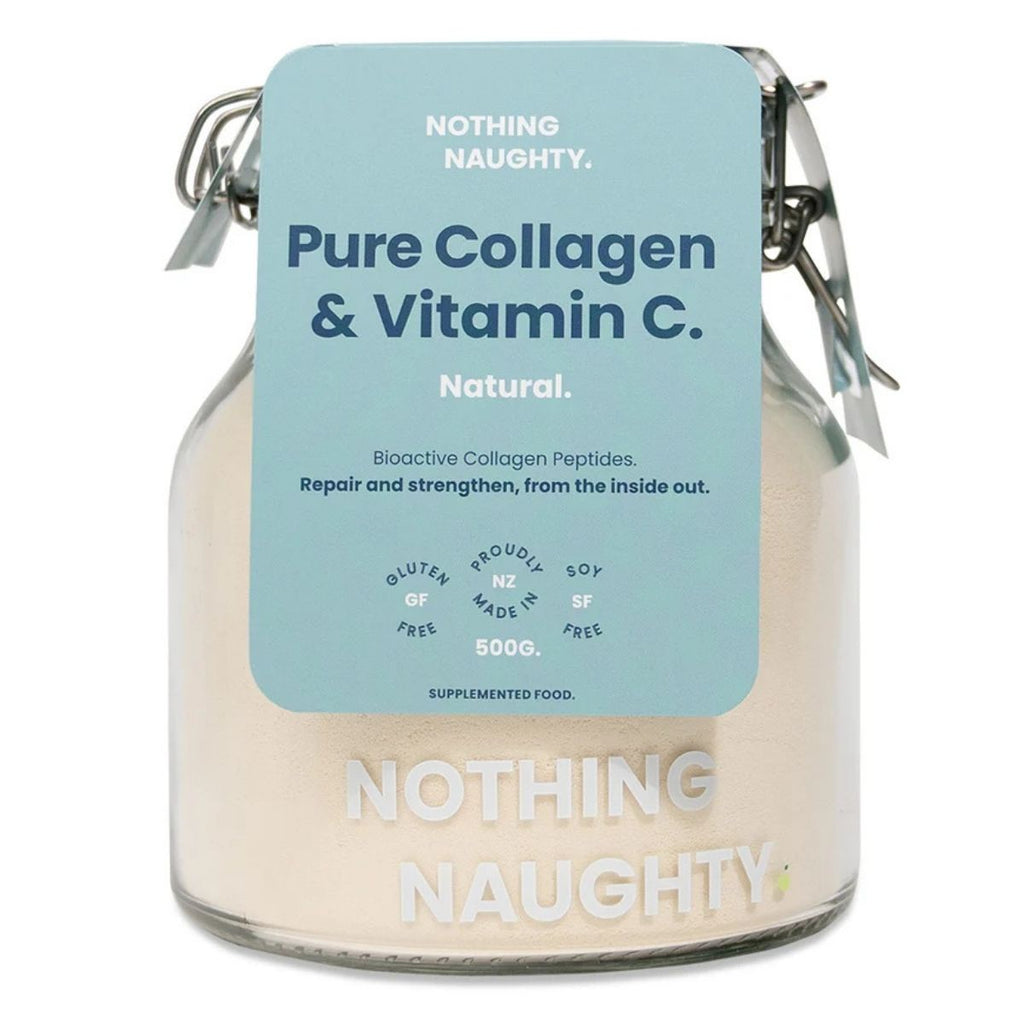 Jar of 'Nothing Naughty' pure collagen and vitamin C supplement with a blue label.