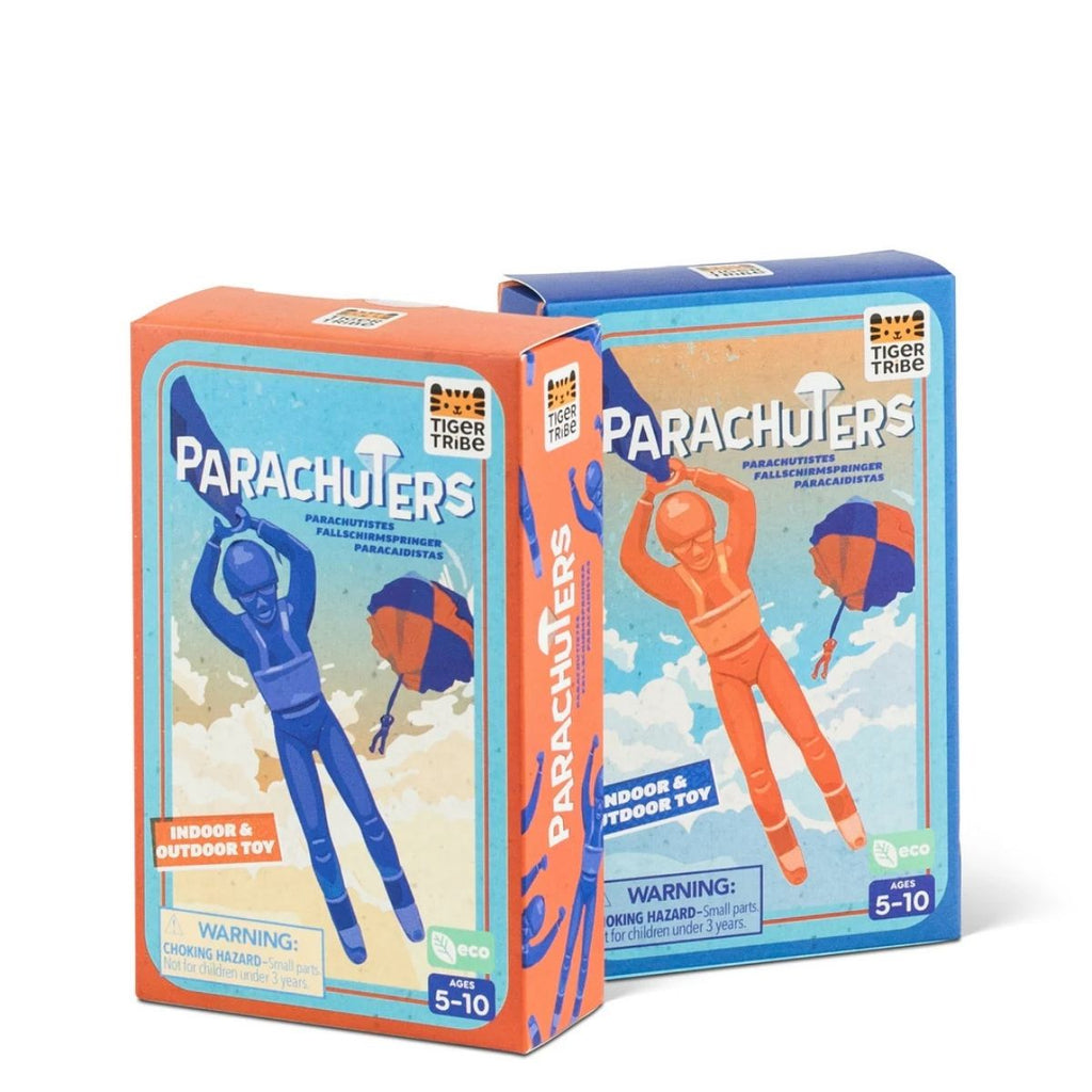 Two boxes of 'Parachuters' toy by Tiger Tribe on a white background