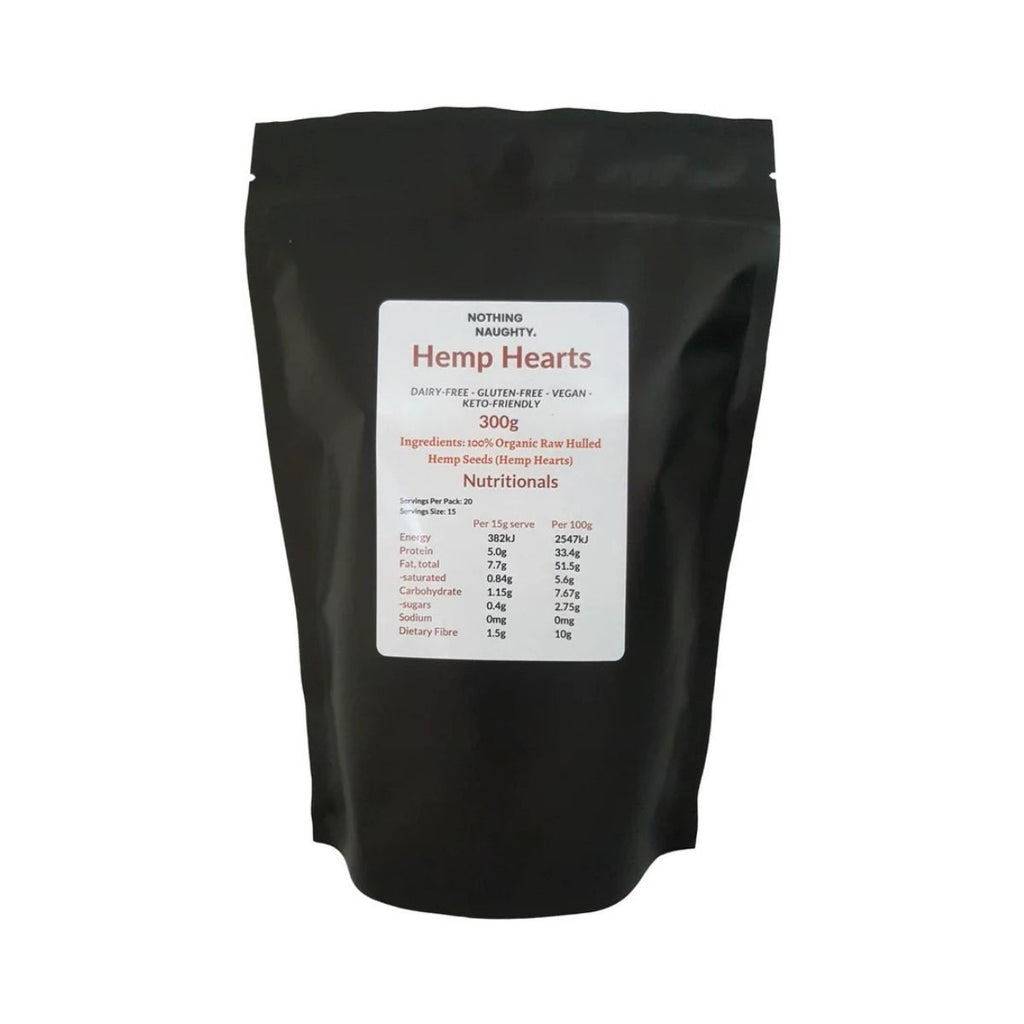 Black bag of Hemp Hearts with a label on a white background