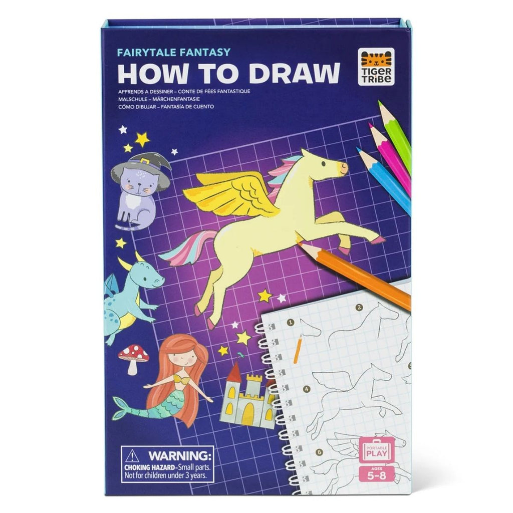 boxed set with 'How to Draw Fairytale Fantasy' with illustrations and colored pencils on a white background