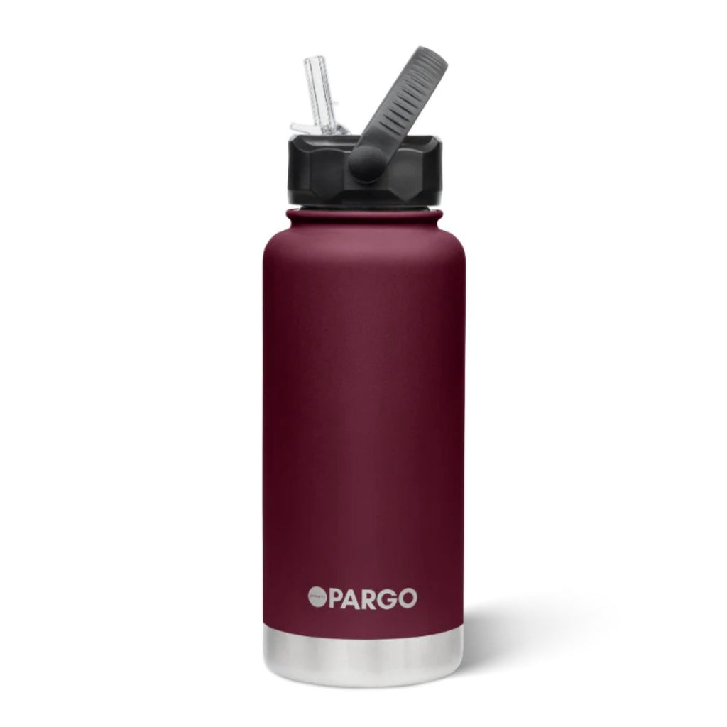 Maroon water bottle with straw lid on a white background