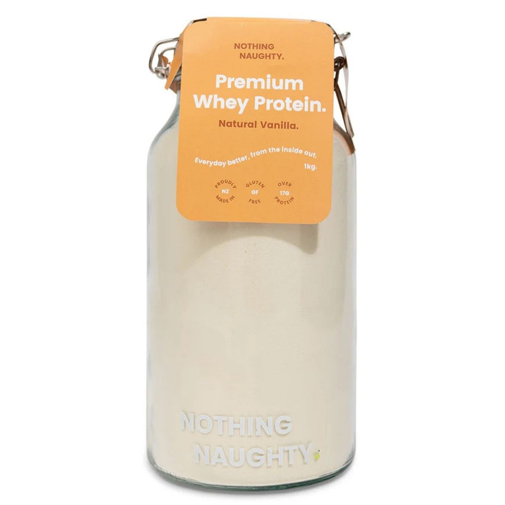 Protein powder container with an orange label on a white background